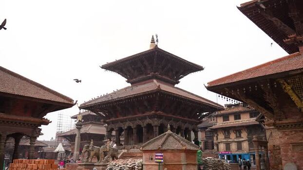View of the historic temples at Kathmandu Durbar Square Nepal.