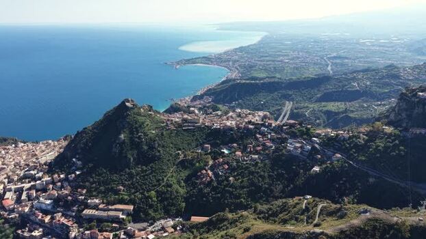 Aerial view of the coastal town of Taormina Italy.