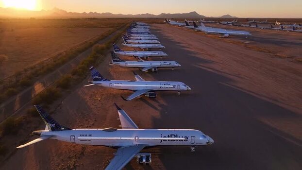 Aerial view of JetBlue planes parked United States. Aerial view of JetBlue planes parked United States.