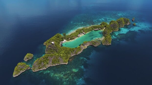 Aerial view of Rufas Home Stay on a tropical island Indonesia.
