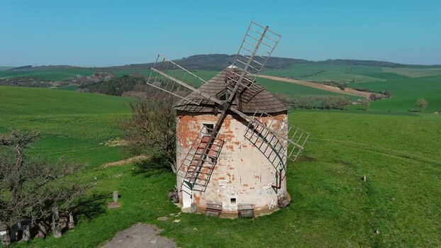 Aerial view of old windmill in South Moravian Region Czechia.