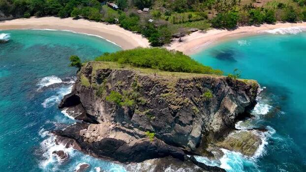 Aerial view of Koka Beach with rocky cliffs and turquoise water Indonesia. Aerial view of Koka Beach with rocky cliffs and turquoise water Indonesia.