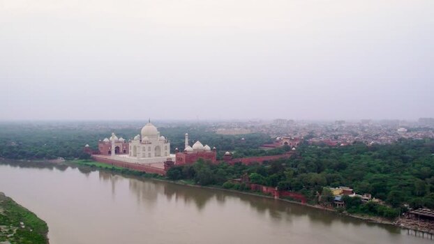 Aerial view of Taj Mahal on the Yamuna River India. Aerial view of Taj Mahal on the Yamuna River India.