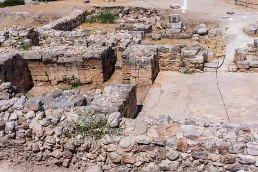 View of the ancient stone ruins and mosaic floor at the Amman Citadel in Amman Amman Governorate Jordan.