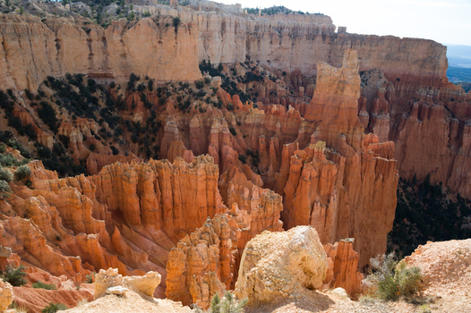 View of Bryce Canyon National Park with its iconic orange hoodoos rugged rock formations and sparse evergreen trees under a clear sky in Utah United States.
