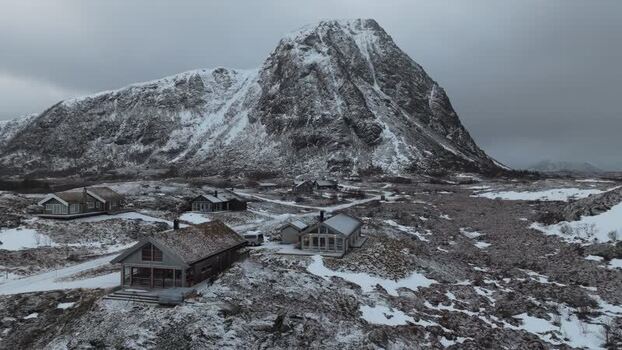Aerial view of Lofoten cabins in Vagan Municipality Norway.