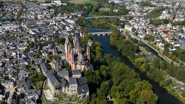Aerial view of Limburg Cathedral and the historic old town situated along the Lahn River in Limburg an der Lahn Hessen Germany. Aerial view of Limburg Cathedral and the historic old town situated along the Lahn River in Limburg an der Lahn Hessen Germany.