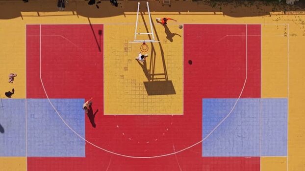 Aerial view of a colorful basketball court Bhutan.