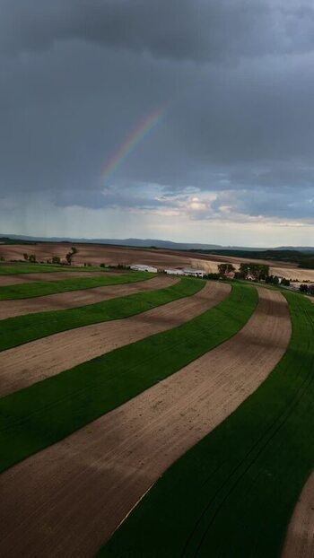Aerial view of striped fields and a rainbow Czechia.