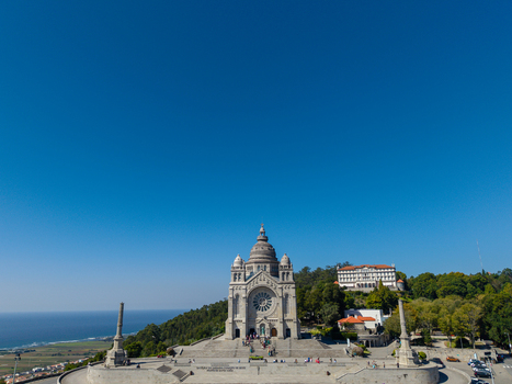 Aerial view of the Sanctuary of the Sacred Heart of Jesus on Monte de Santa Luzia with stone architecture and the Atlantic Ocean Viana do Castelo Viana do Castelo Dist Portugal. Aerial view of the Sanctuary of the Sacred Heart of Jesus on Monte de Santa Luzia with stone architecture and the Atlantic Ocean Viana do Castelo Viana do Castelo Dist Portugal.