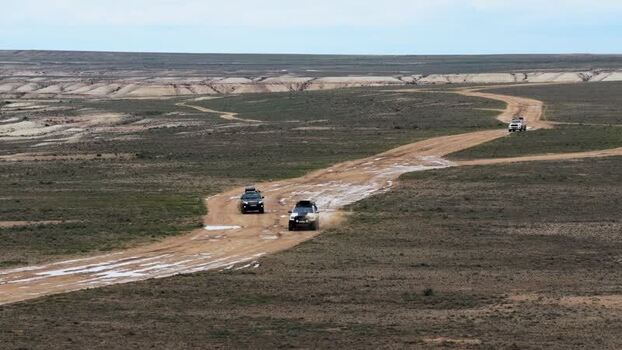 Aerial view of off road vehicles in Bozjyra Kazakhstan.