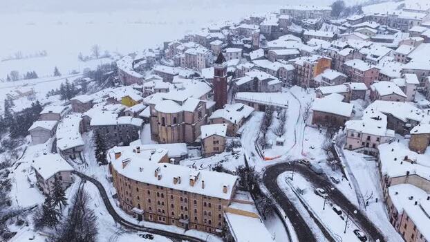 Aerial view of the snow covered village of Rivisondoli Italy.