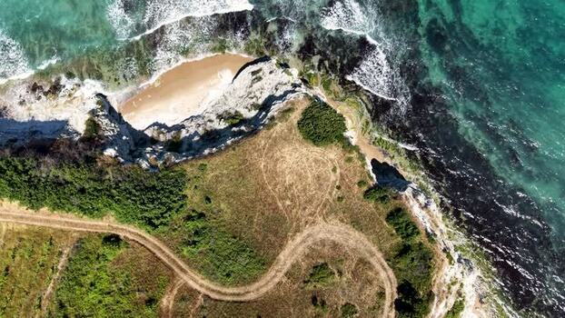 Aerial view of coastal cliffs and beach in Byala Bulgaria.