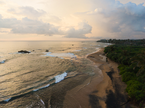 Aerial view of Gintota beach with golden sands and palm trees along the coast at sunset in Galle Southern Province Sri Lanka. Aerial view of Gintota beach with golden sands and palm trees along the coast at sunset in Galle Southern Province Sri Lanka.