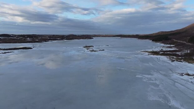 Aerial view of a frozen lake in the Lofoten archipelago Norway.