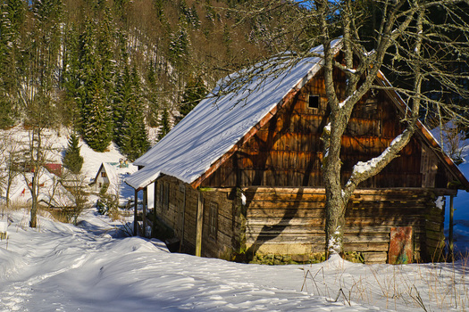 View of a snow dusted wooden cabin nestled among frosted trees under the crisp winter sunlight a serene scene of rustic charm Moce Banska Bystrica Region Slovakia.