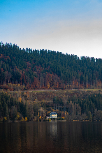 View of a solitary house on the shore of a calm lake surrounded by dense autumn forest in Breitnau Baden Wurttemberg Germany. View of a solitary house on the shore of a calm lake surrounded by dense autumn forest in Breitnau Baden Wurttemberg Germany.