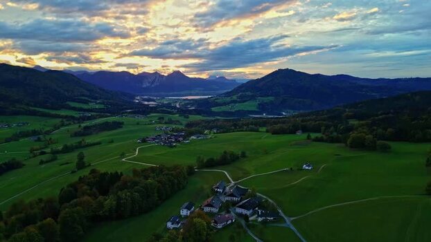 Aerial view of Attersee and rural landscape in Austria.