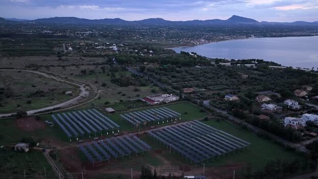 Aerial view of solar farm panels near the coast Italy.