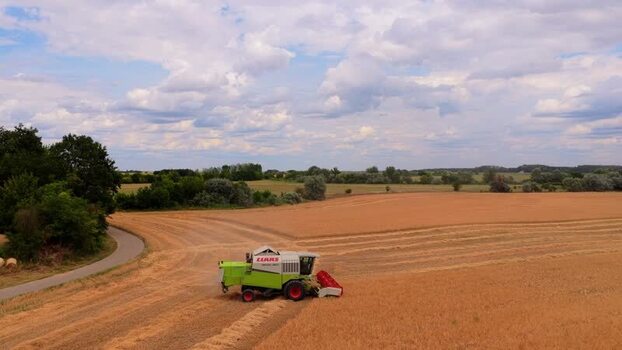 Aerial view of combine harvester in a wheat field Hungary.