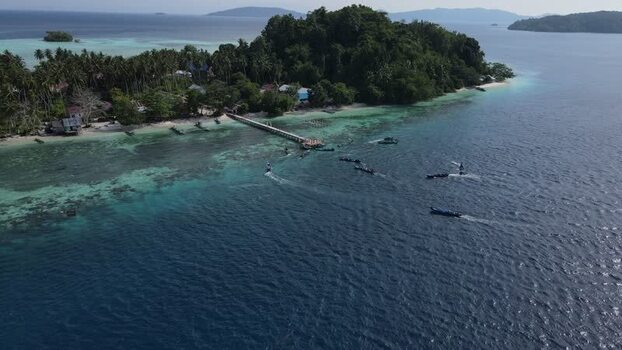 Aerial view of Raja Ampat islands and boats in Indonesia. Aerial view of Raja Ampat islands and boats in Indonesia.