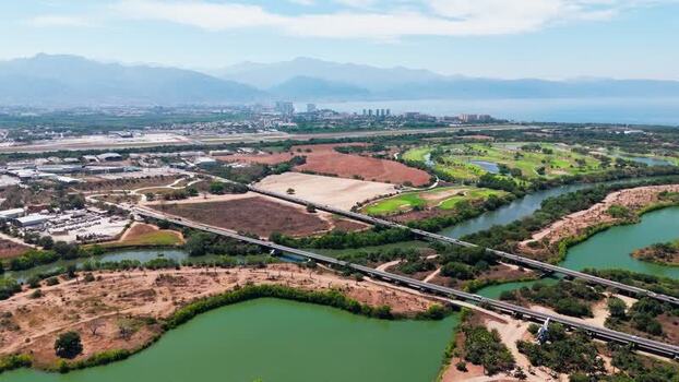 Aerial view of bridges and golf course Mexico.