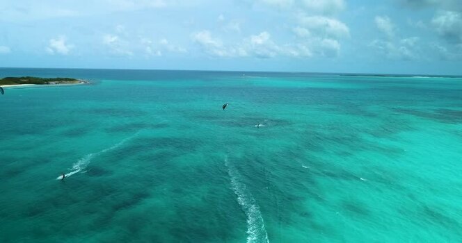 Aerial view of kitesurfing in Los Roques archipelago Venezuela.