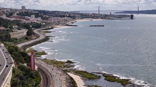 Aerial view of Passeio Maritimo de Alges and the coastline Portugal.