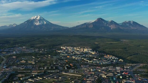 Aerial view of Petropavlovsk Kamchatskiy and volcanoes Russia.