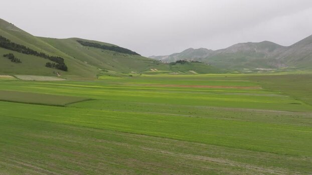 Aerial view of Castelluccio fields in Umbria Italy.