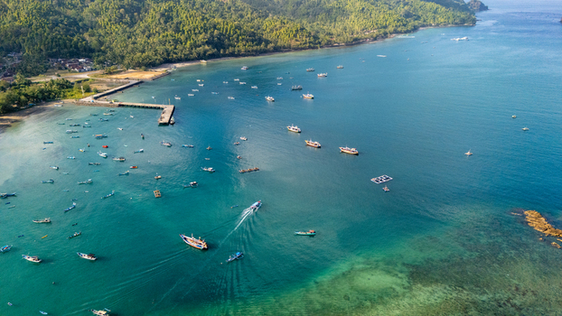 Aerial view of Pantai Karanggongso featuring numerous small fishing boats scattered across the turquoise bay a wooden pier and lush green hills in Watulimo East Java Indonesia.