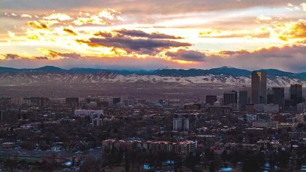 Aerial view of Denver skyline at sunset United States.