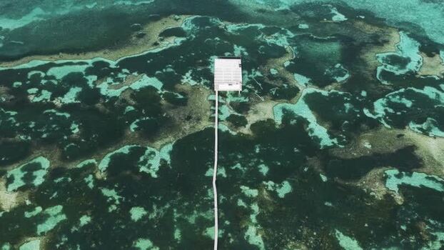 Aerial view of a wooden hut over a coral reef Maldives.