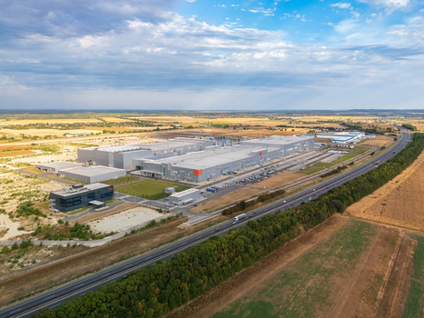 Ivancsa Fejer County Hungary 25 August 2026 Aerial view of SK On EV battery factory within an industrial park near the M6 motorway featuring large production and logistics facilities. Ivancsa Fejer County Hungary 25 August 2026 Aerial view of SK On EV battery factory within an industrial park near the M6 motorway featuring large production and logistics facilities.