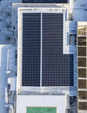 Aerial view of the solar panel array on the roof of the Centro Internacional de Congresos de Yucatan in Merida Yucatan Mexico. Aerial view of the solar panel array on the roof of the Centro Internacional de Congresos de Yucatan in Merida Yucatan Mexico.
