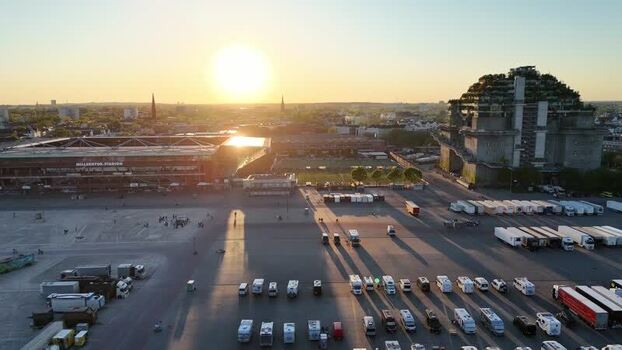 Aerial view of Heiligengeistfeld and Millerntor Stadion at sunset Germany Aerial view of Heiligengeistfeld and Millerntor Stadion at sunset Germany