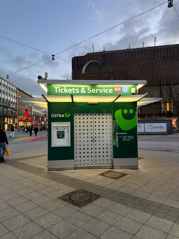 Hanover Germany 30 March 2026 View of the USTRA Tickets and Service point in the city center featuring green branding and modern signage in a pedestrian area.