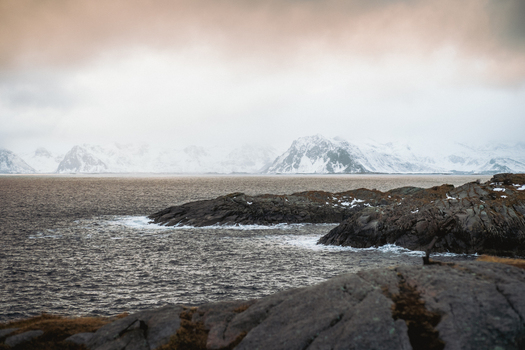 View of dark jagged rocks contrasting with the frothy white waves of the sea under a muted cloudy sky with snow capped mountains far away Henningsv&aelig;r Norway.