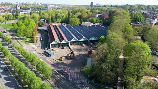 Aerial view of the tram museum and industrial buildings in Belgium. Aerial view of the tram museum and industrial buildings in Belgium.