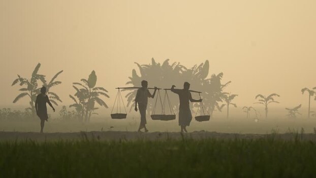 View of farmers carrying baskets in misty fields Bangladesh. View of farmers carrying baskets in misty fields Bangladesh.