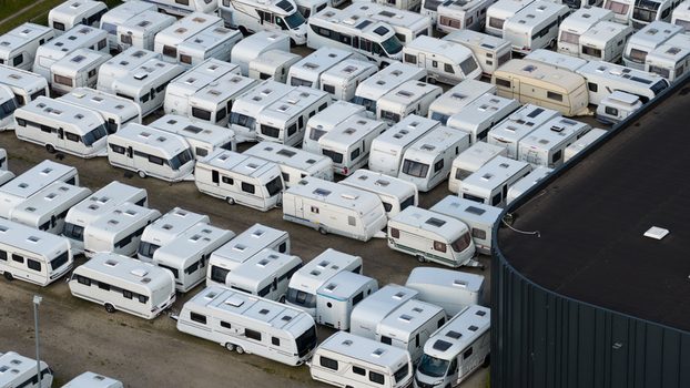 Purmerend Netherlands 15 June 2026 Aerial view of a large collection of white caravans parked in rows in an open lot. Purmerend Netherlands 15 June 2026 Aerial view of a large collection of white caravans parked in rows in an open lot.