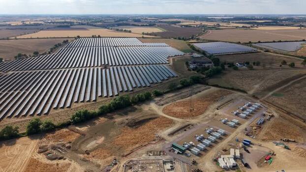 Aerial view of Eaton Socon solar and battery storage United Kingdom. Aerial view of Eaton Socon solar and battery storage United Kingdom.