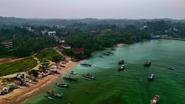 Aerial view of fishing boats along the coast of Sri Lanka.