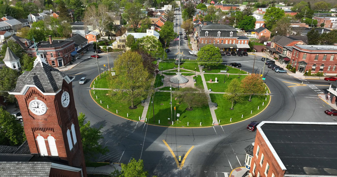 Aerial view of the historic town square and clock tower in New Freedom Pennsylvania United States. Aerial view of the historic town square and clock tower in New Freedom Pennsylvania United States.