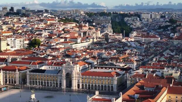 Aerial view of Praca do Comercio and the historic city center Portugal Aerial view of Praca do Comercio and the historic city center Portugal