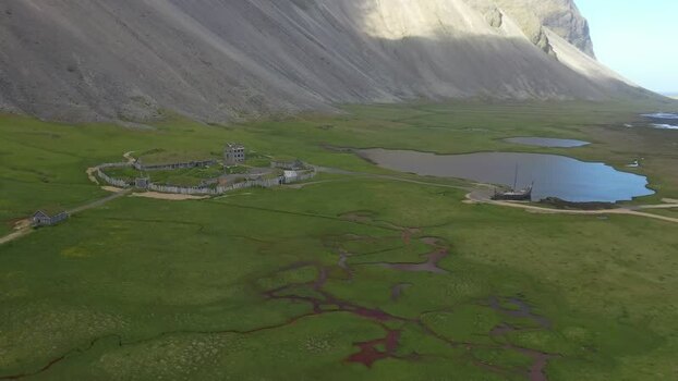 Aerial view of Stokksnes Viking village film set Iceland.