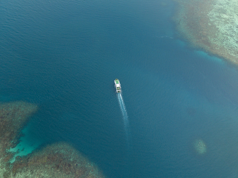 Aerial view of a solitary boat slicing through the cerulean sea leaving a foamy trail near the vibrant coral reefs Karimunjawa Jawa Tengah Indonesia. Aerial view of a solitary boat slicing through the cerulean sea leaving a foamy trail near the vibrant coral reefs Karimunjawa Jawa Tengah Indonesia.