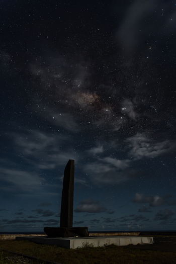 View of the Japanese Citizens for memorializing Tokyo Raids memorial under a starry night sky with the Milky Way visible Carolinas Tinian Northern Mariana Islands. View of the Japanese Citizens for memorializing Tokyo Raids memorial under a starry night sky with the Milky Way visible Carolinas Tinian Northern Mariana Islands.