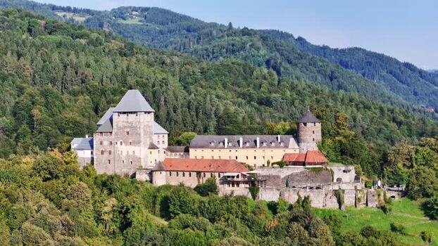 Aerial view of Burg Deutschlandsberg castle in Styria Austria.