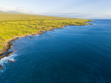 Aerial view of the rugged coastline of Mahukona Beach Park featuring deep blue ocean waters and lush green hills under a bright sky in Waimea Hawaii United States.